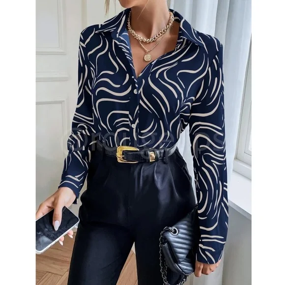 Abstract Print Button Down Collared Long Sleeve Dress Shirt Top Navy Blue - Picture 4 of 8